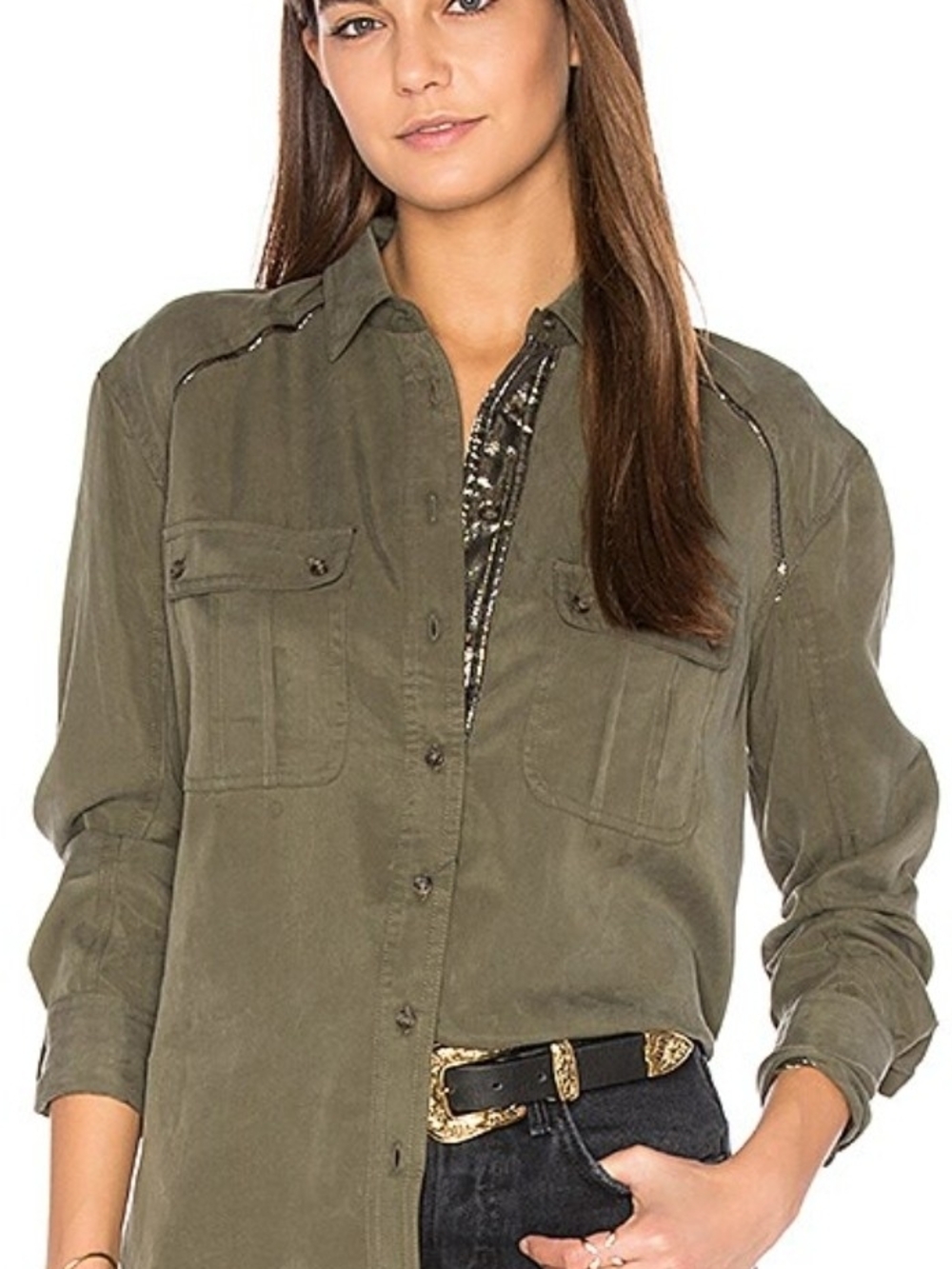 Free People Off Campus Moss Green Metallic Shirt Sz. M
